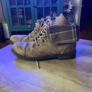 Self Esteem Tan Ankle Boots with Plaid Cuff